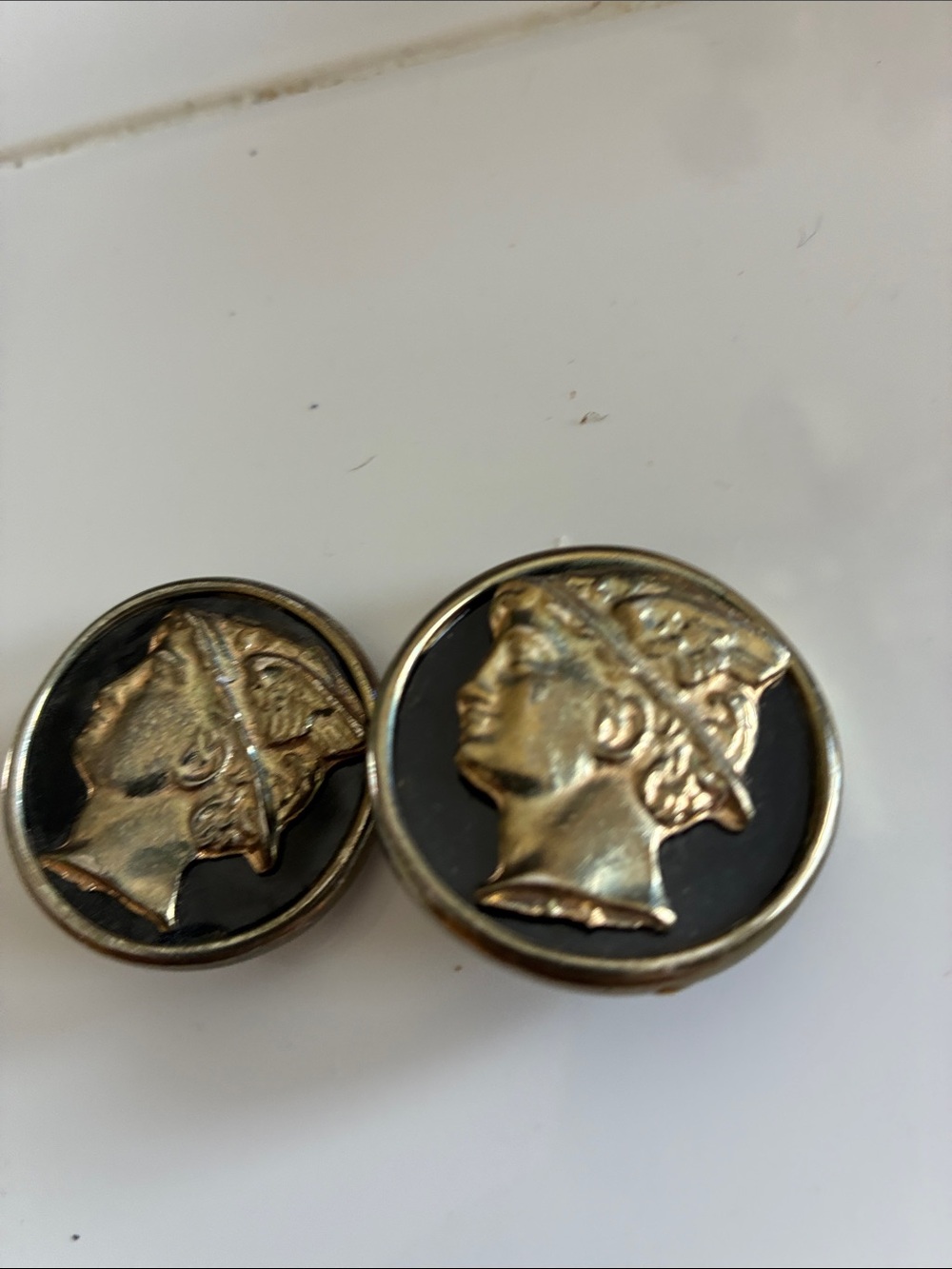 Clip on Gold and Black Greek Profile Fashion Button Earrings